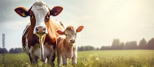 Brown and white calf with his mother cow in a farm. Copy space image. Place for adding text photo
