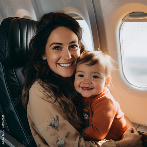 A mother with her child on an airplane