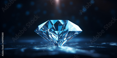 A blue glowing diamond on the blue surafce and dark blue background with light and bokeh Ai Generative