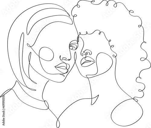 Hand drawn line illustration of LGBT couple girls. Line illustration of lesbian couples. Happy together. Love print.