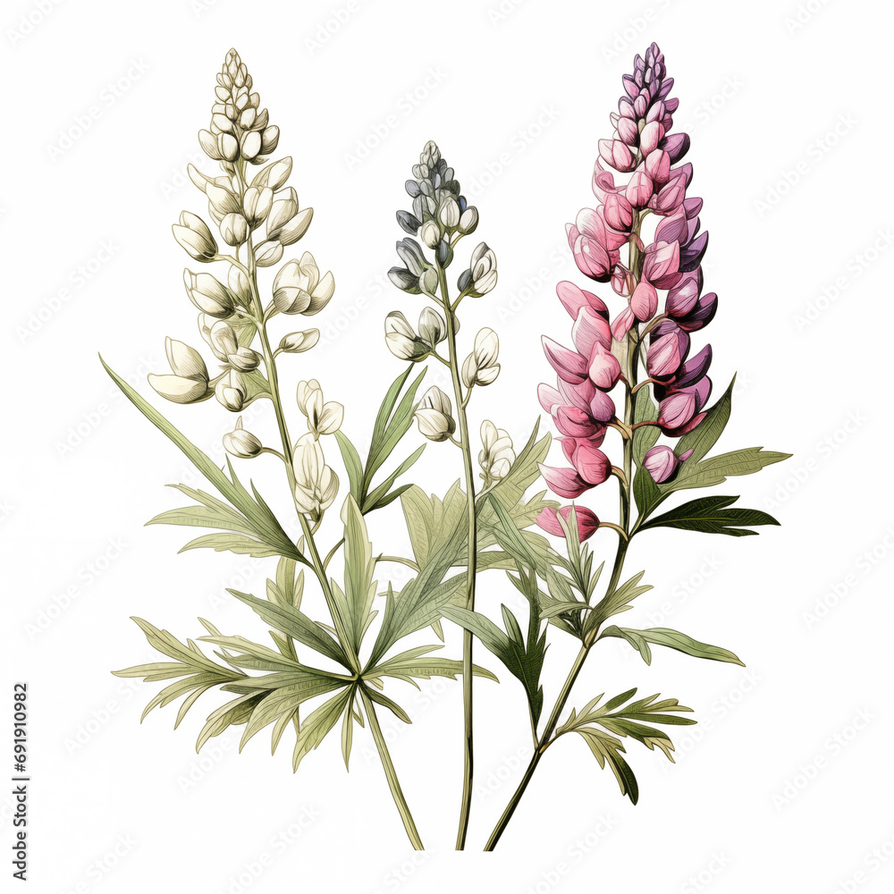 Obraz premium Bouquet of multicolored lupins on white background