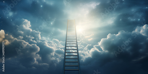 Surreal view of starway to heaven through the clouds, Unknown long stairway to heaven beyond horizon, Stairway Transcendence, Clouds and ladder business and career growth, generative ai