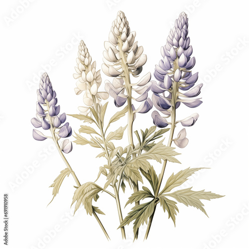 Bouquet of multicolored lupins on white background