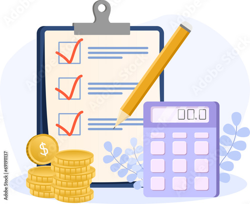 Financial plan illustration. Modern vector illustration of finance items, economic instruments, money savings,