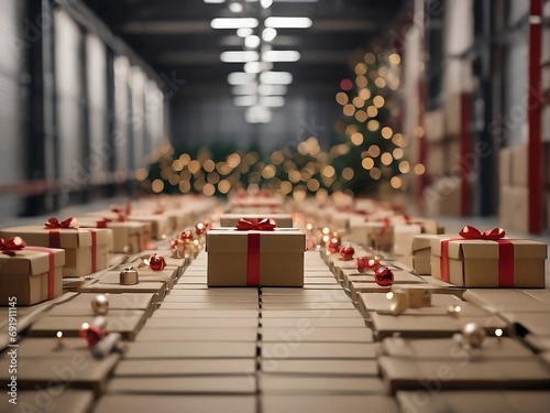 Christmas gift box packages seamlessly moving along a conveyor belt in a warehouse. Cardboard, Gift, Christmas light concept.