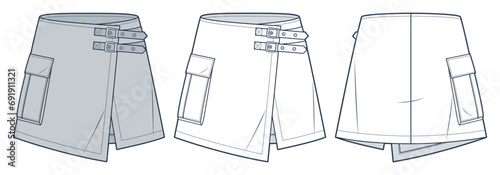  Wrap mini Skirt technical fashion illustration. Buckled Skirt fashion flat technical drawing template, A-line, pocket, front and back view, white, grey, women, men, unisex Skirt CAD mockup set.