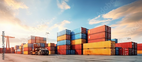 Container terminal Cargo containers stacked with top lifters Logistics industry. Copy space image. Place for adding text