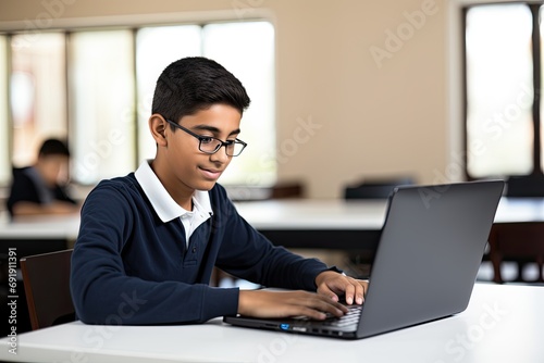 A young Indian schoolboy using a laptop for education and online activities in a class. photo