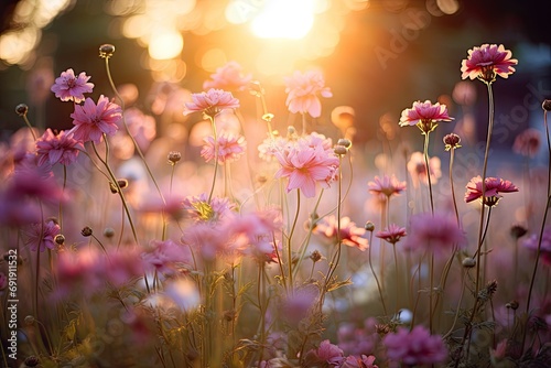 A vibrant summer meadow with blooming flowers  colorful petals  and a bright  sunny atmosphere.