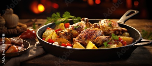 Braised chicken legs with root vegetables in a rustic roasting pan Healthy family dish. Copy space image. Place for adding text photo