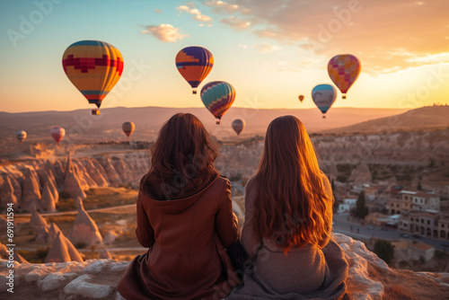 Girls watching hot air balloon at the hill of Cappadocia
