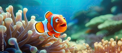 Clownfish shelters in its host anemone on a tropical coral reef. Copy space image. Place for adding text