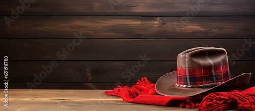 Boot hat and red scarf on the table Typical accessories from the tradition of the people of Rio Grande do Sul Rio Grande do Sul Brasil. Copy space image. Place for adding text photo