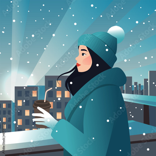 Vector cartoon illustration of a young girl in warm winter clothes with coffee in her hand stands on the roof and looks at the snowy city from a bird's eye view.
