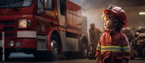 Child cute boy dressed in fire fighers cloths in a fire station with fire truck childs dream. Copy space image. Place for adding text photo