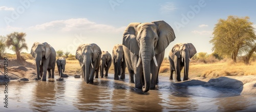 A colour side lit panorama image of a herd of elephants Loxodonta africana bathing and drinking at a dwindling waterhole in Savute Botswana. Copy space image. Place for adding text photo