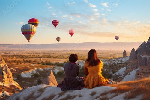Girls watching hot air balloon at the hill of Cappadocia