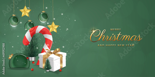 Happy New Year background. transparent candy christmas with balls and box of gifts strewn with snow on green background, realistic 3d decorative garland glow. Xmas Decorations. Vector illustration.