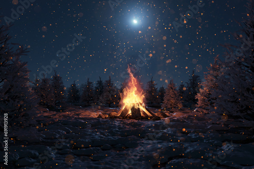 3d rendering of big bonfire with sparks and lot of particles in front of snowy pine trees and moonlight sky.