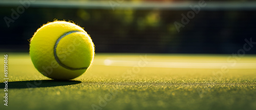 tennis ball on the court, closeup, banner, copy space for text © CreativeBB