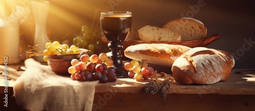 Communion elements with wine bread wheat grapes and cup on vintage table with sunlight flair effect. Copy space image. Place for adding text
