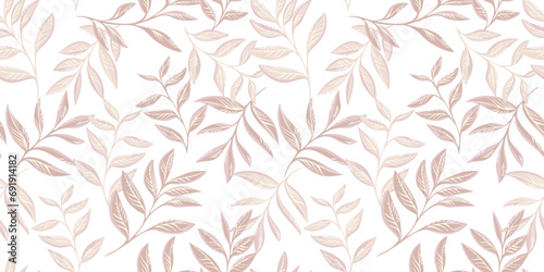 Fototapeta Naklejka Na Ścianę i Meble -  Vector hand drawn leaves branches intertwined in a seamless pattern on a light beige background. Creative, artistic, simple, pastel, tropical leaf stems print. Template for fashion, fabric, wallpaper