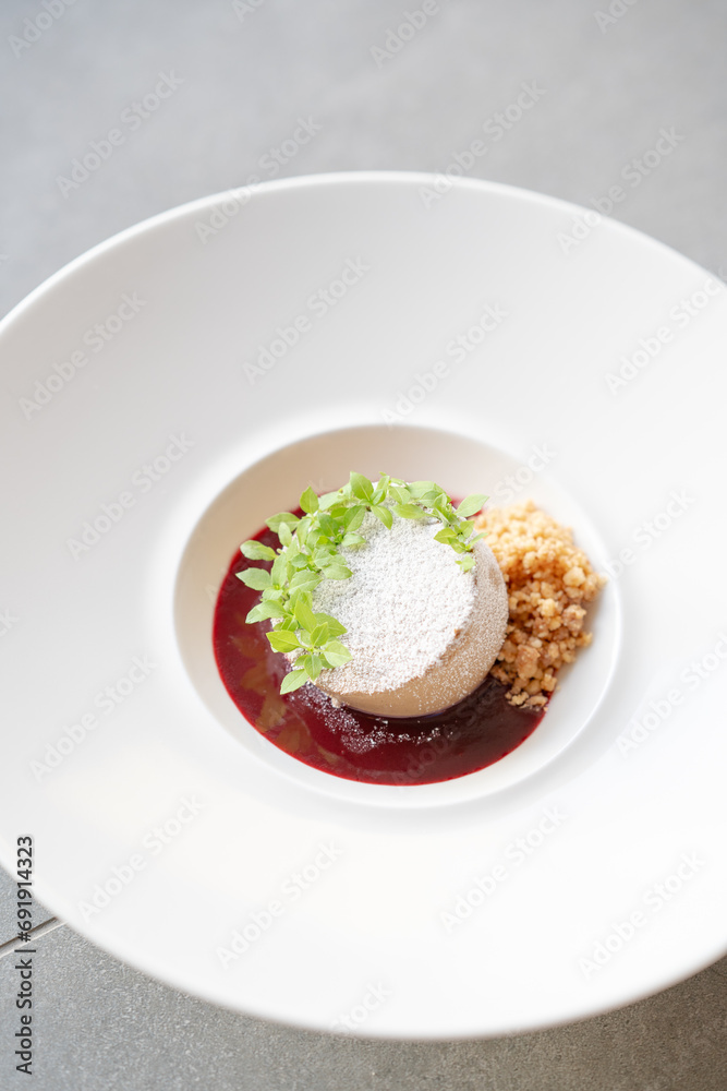 luxury chef signature western fine dining cuisine art baked caramel cake with ice cream and chocolate nuts platter luxury chef signature western fine dining cuisine art baked caramel cake with ice cream and chocolate nuts platter