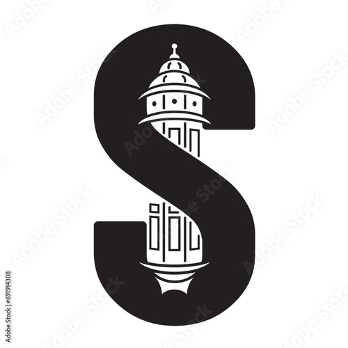 The letter S wraps around a tall tower