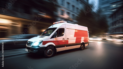 Panning low shutter speed of ambulance paramedic car driving in city for pick up patient or send to hospital emergency rescue healthcare service business concept.