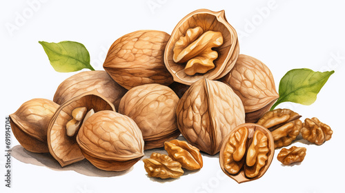 Nutty Elegance: Walnuts and Shells Isolated in Watercolor Painting Style on Transparent Background