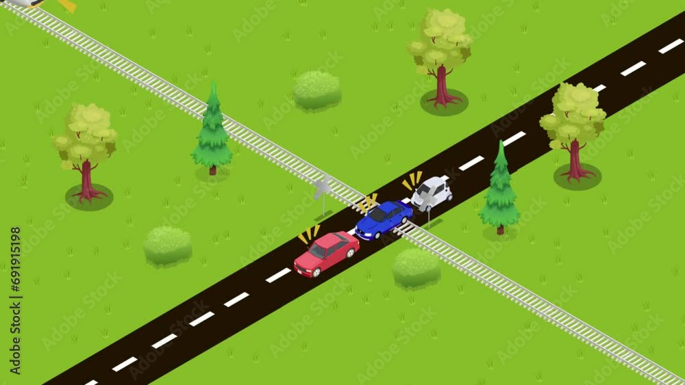 Train rams into a car at railway crossing. Car accident with train scene