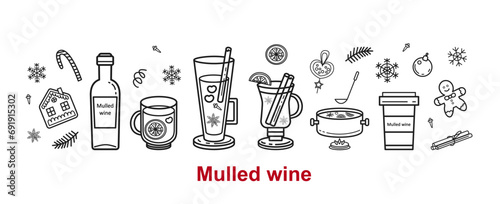 Christmas mulled wine, spices and sweets. Christmas doodles, icons. Outline Vector illustration. Suitable for wallpaper, background, labels, logo.