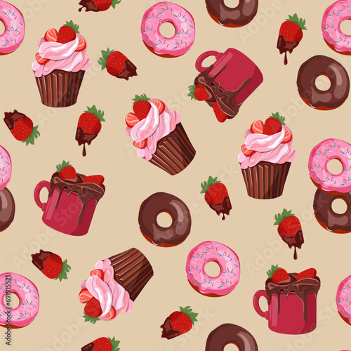 Chocolate pattern: sweets, pastry, cookies, hot chocolate mug and chocolate covered strawberries.
