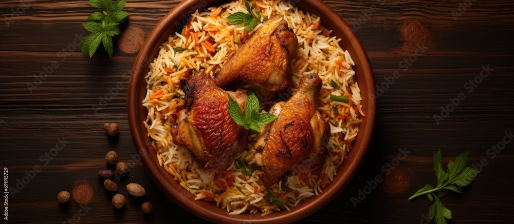 custom made wallpaper toronto digitalChicken Kabsa Homemade Arabian biryani overhead view. Copy space image. Place for adding text