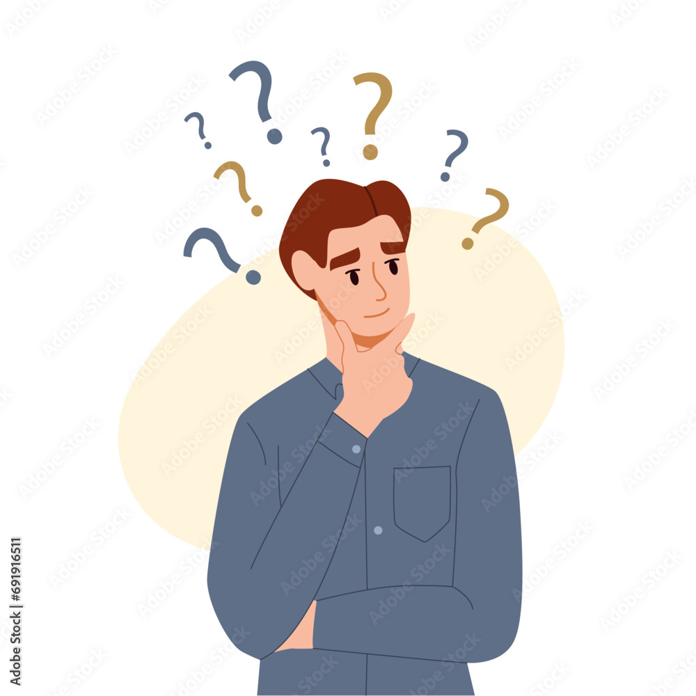 Crious Man. Doubt Concept. Male Character Makes a Decision. Flat Vector Illustration Isolated on White Background. Crious Man. Doubt Concept. Male Character Makes a Decision. Flat Vector Illustration Isolated on White Background.