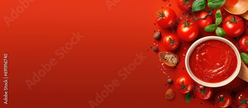 Bowl full of tomato sauce Wooden spoon full of tomato sauce spices seasonings Sliced ripe cherry tomato slices. Copy space image. Place for adding text photo