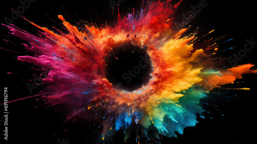 Farbexplosion entlang eines Kreises auf schwarzem Hintergrund photo