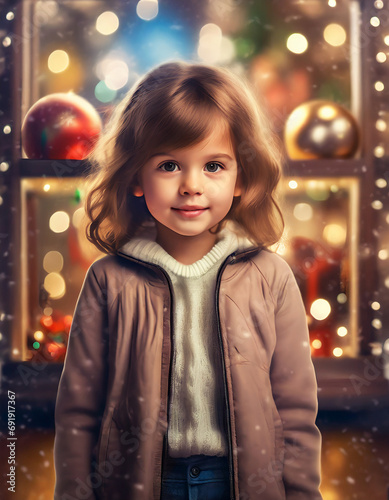 petite fille devant une vitrine de Noël illuminée