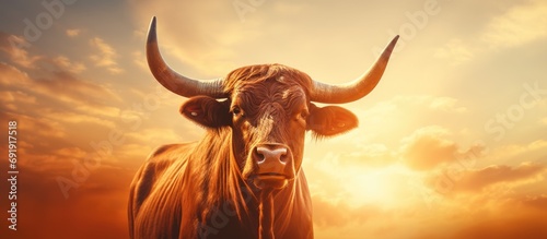 A red haired cow is turned sideways to the camera and laughs A red horned animal poses for the camera on a pasture Domestic cattle under the open sky in the rays of the setting sun. Copy space image photo