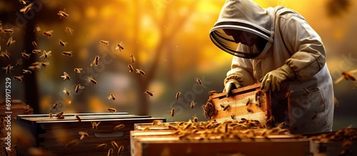 A beekeeper in a protective suit and gloves carefully inspecting a beehive for predators ensuring the safety of the hive s inhabitants. Copy space image. Place for adding text photo