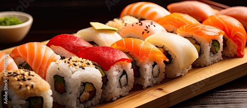 Closeup of fresh sushi on rustic wooden table. Copy space image. Place for adding text