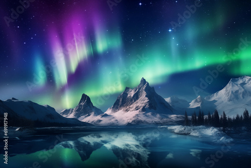Green and purple aurora borealis over snowy mountains. Northern lights photo