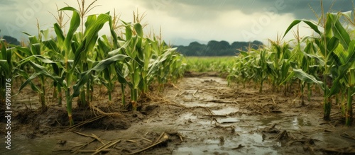 corn plants on a field flooded damage after heavy rain. Copy space image. Place for adding text