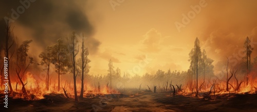 A wildfire in forest due to continuous dry weather in summer. Copy space image. Place for adding text © Ilgun