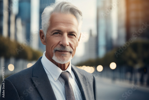 A man of about 65 years old, elegant and attractive, staring at the camera in a business area. He transmits serenity, confidence, tranquility.