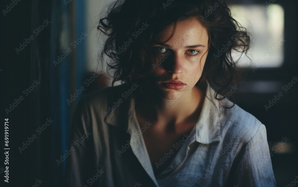Contemplative Young Woman in Soft Light with Intense, Thoughtful Eyes