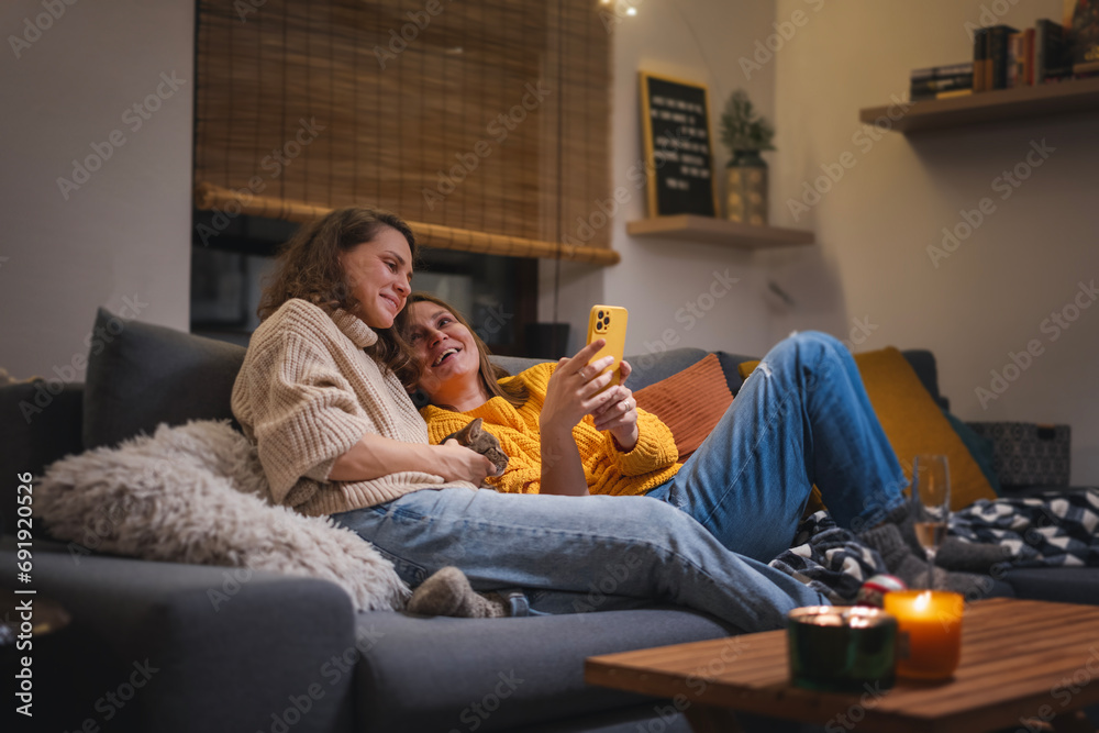 Two young women lesbian couple spending a cozy winter cozy evening at home on the sofa cuddling Two young women lesbian couple spending a cozy winter cozy evening at home on the sofa cuddling