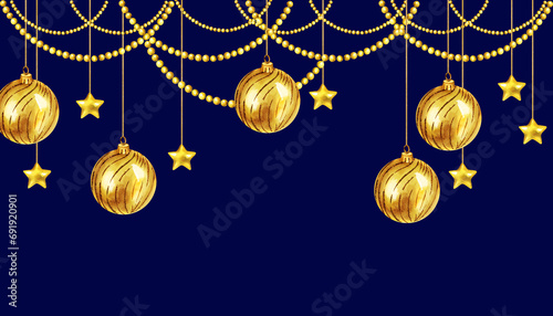 watercolor illustration of Christmas tree toys with shiny gold balls  garlands of gold glitter beads  golden glossy stars  frame with Christmas decoration on blue background