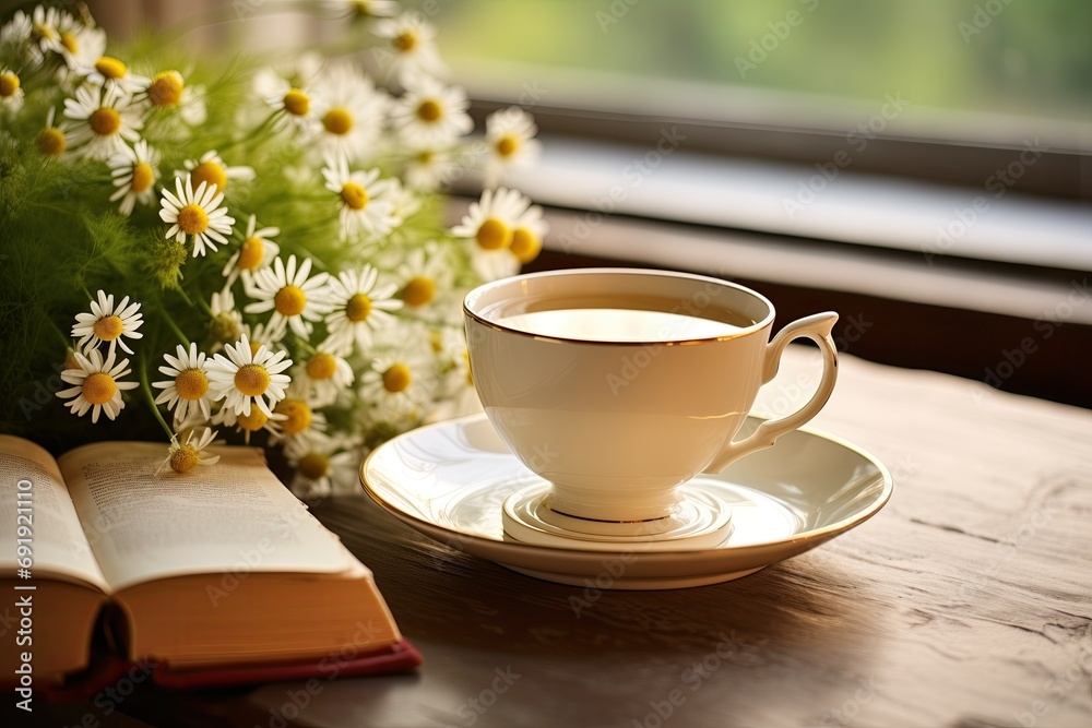 Cozy afternoon tea setting with a classic cup on a saucer, an open book, and daisies by a sunny window. Springtime beauty. Vintage comfort concept. Perfect for banner, poster, or backdrop Cozy afternoon tea setting with a classic cup on a saucer, an open book, and daisies by a sunny window. Springtime beauty. Vintage comfort concept. Perfect for banner, poster, or backdrop