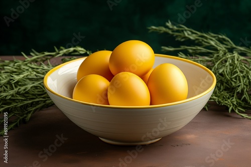 Bright Yellow Eggs Presented in a Beautifully Crafted Ceramic Plate